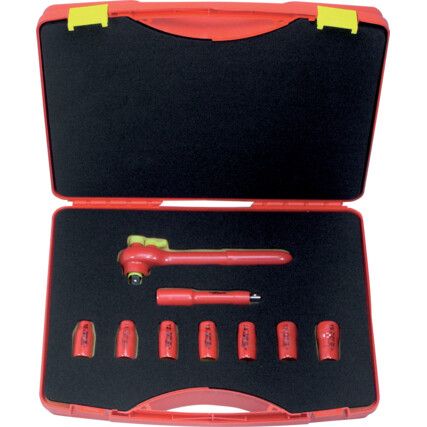 INSULATED VDE REVERSIBLE RATCHET SAFETY TOOL SET 1/2" SQ/DR 9-PCS